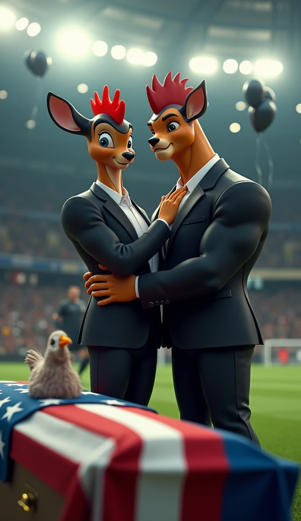 a bambi, muscular, puffed chest, wearing a black suit, crying, sad expression, being comforted by a rooster, muscular, puffed chest, black suit, inside a soccer stadium, sad seeing a coffin with a flag over it highlighted in the colors blue, white, red, black balloons flying in the wind