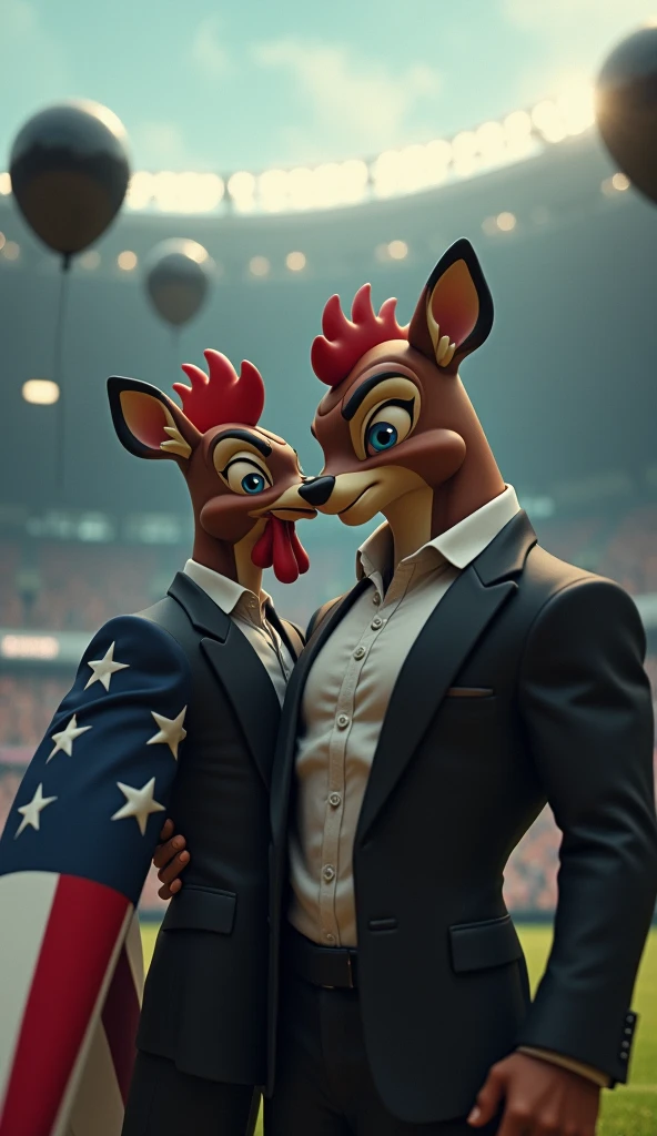 a bambi, muscular, puffed chest, wearing a black suit, crying, sad expression, being comforted by a rooster, muscular, puffed chest, black suit, inside a soccer stadium, sad seeing a coffin with a flag over it highlighted in the colors blue, white, red, black balloons flying in the wind