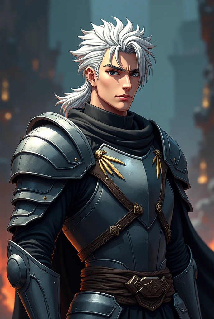 (Anime) pretty man, wearing Armor, white short mullet hair, black eyes, pink natural lips