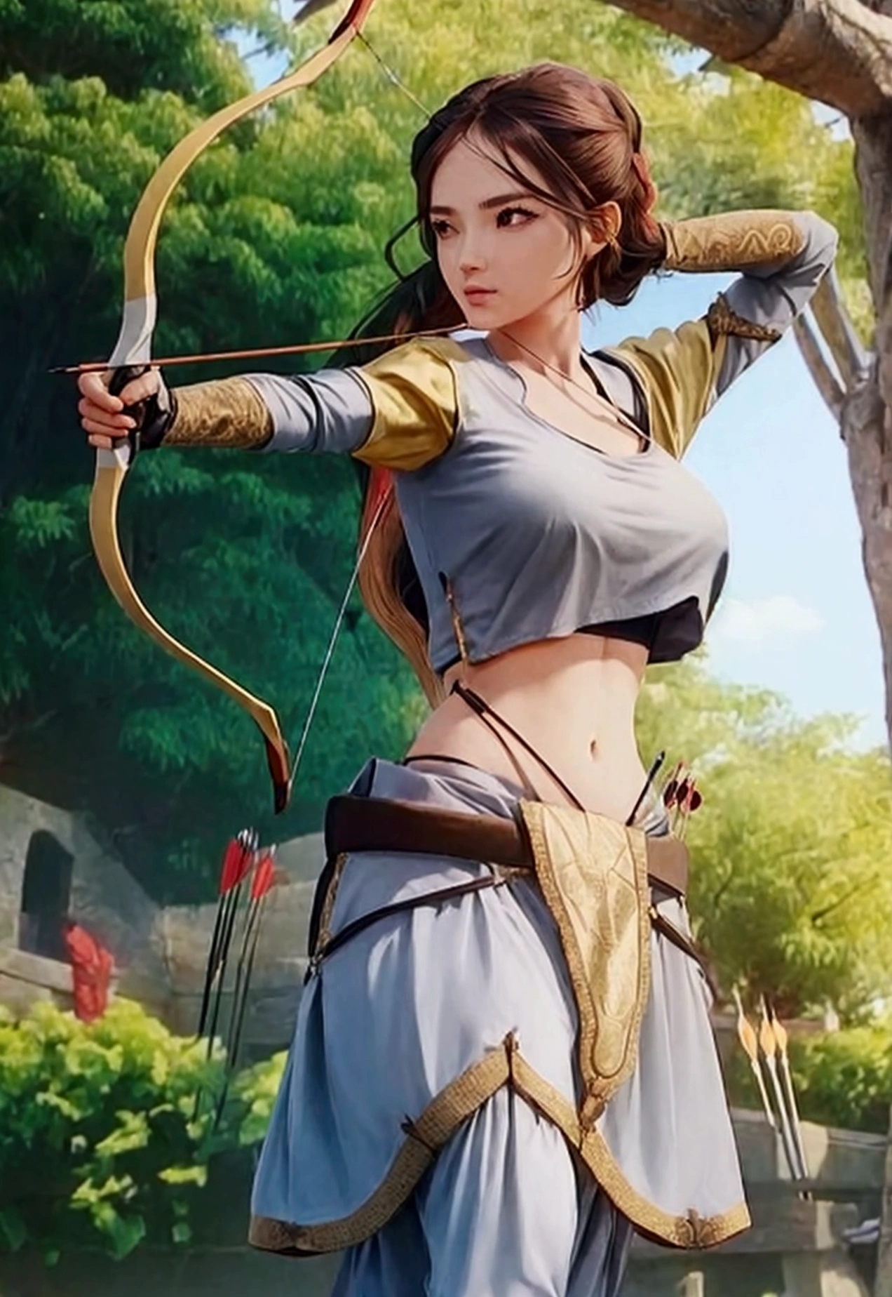 girl in crop top shirt , Archery,  (open navel), bow, arrow
