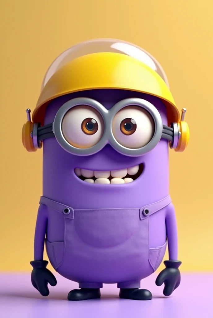 Create a purple minion with a yellow helmet and glasses 
