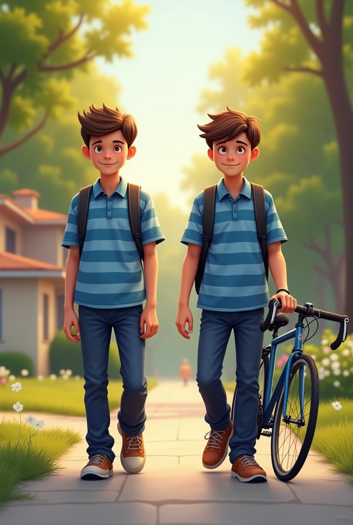 Two same age guys coming from school wearing blue striped shirt and dark blue pant one is short holding a cycle