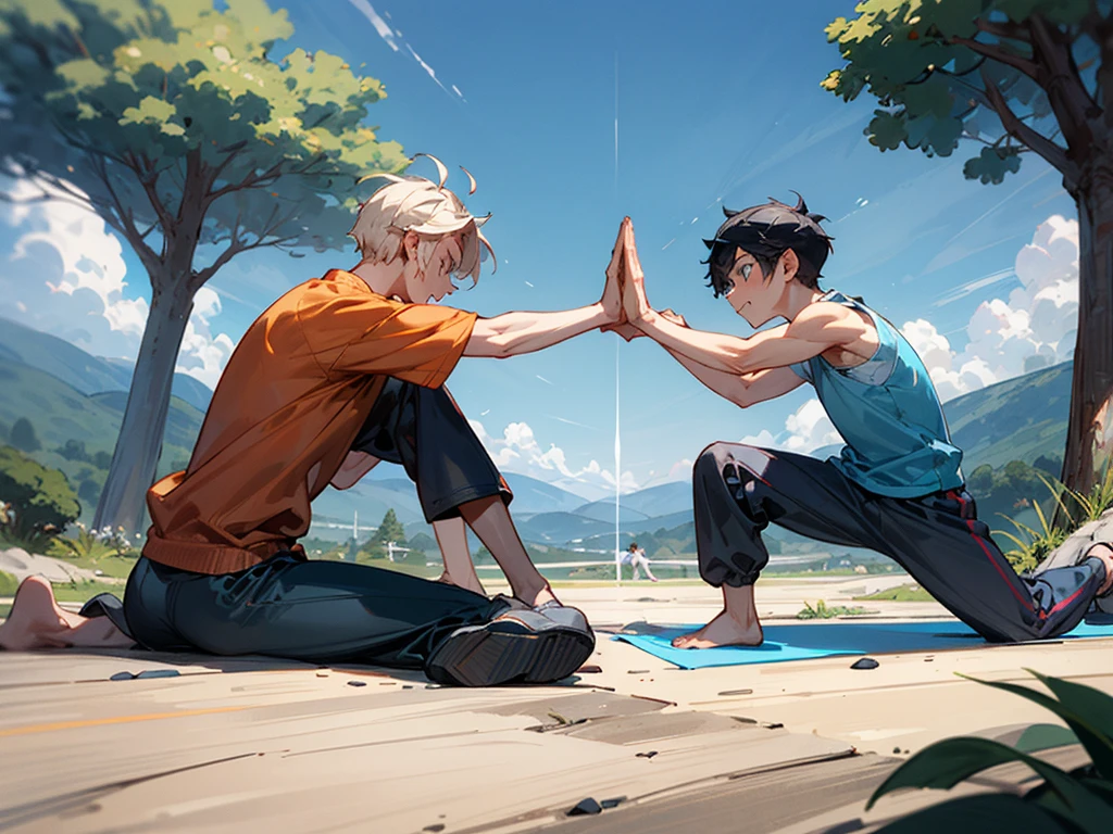 Two boys are exercising and doing yoga on the side of a mountain saying to each other while doing yoga and exercise can you fight with me or will you fight with me where there is no one else lonely beautiful natural environment only two of them are saying to each other to fight