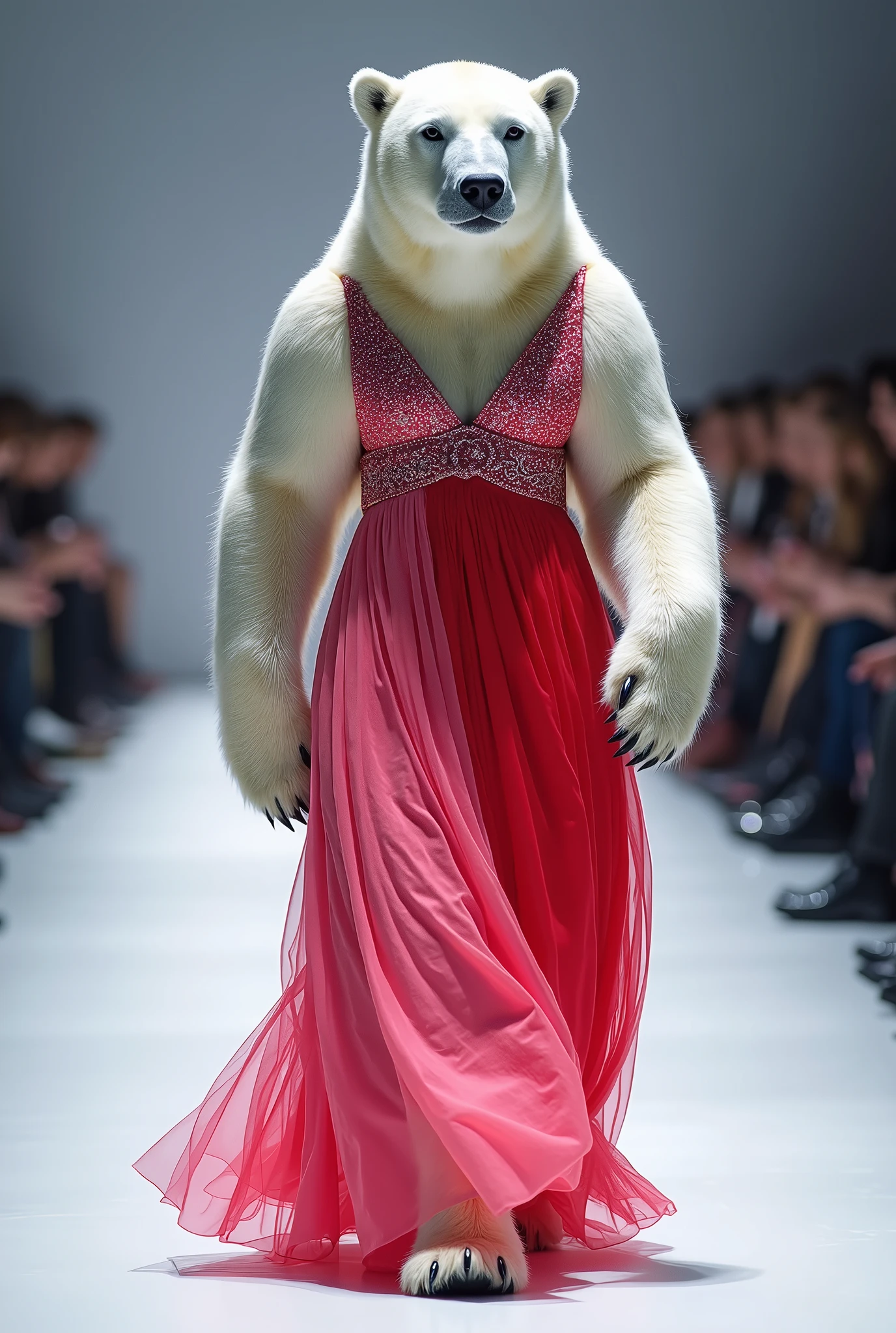 A beautiful white seal wearing pink and red cloth walking down the runaway at a fashion show,