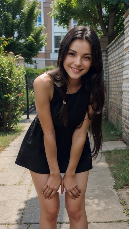 Young beautiful Russian girl, Medium height, slim build, athletic, long black hair, smiling, short summer dress, bent down a little 