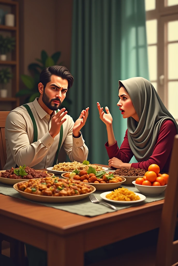 A handsome Muslim man sat on a chair at the dining table next to his wife with her arms raised in anger. Various curries and fruits were on the table