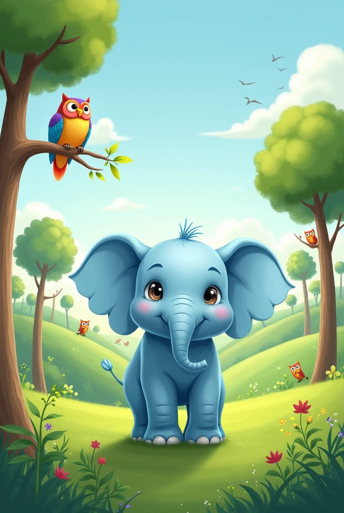 green field with trees, light blue elephant meets a colorful owl, children's images for book