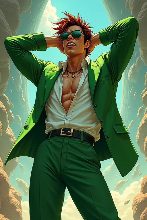 Jojo-style man in green clothing with hands behind head