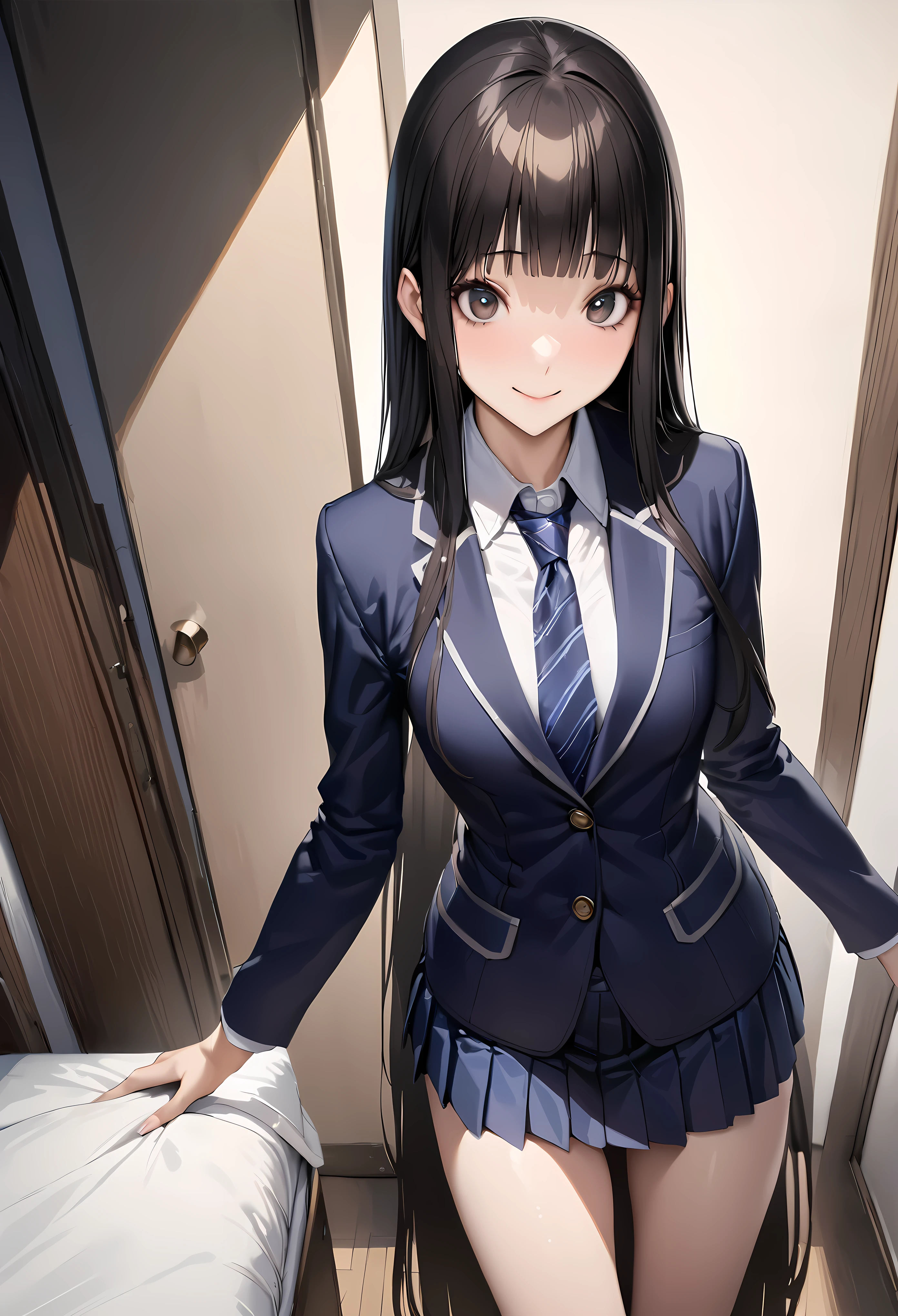 ((masterpiece,best quality anime,Highest quality:1.3)),realistic,cowboy shot,1woman,solo,(2 beauty),((very small head:1.4)),((very long body:1.4)),straight long hair,black hair,(gorgeous big eyes),black eyes,smile,((slender body:1.4,skinny:1.3)),medium breasts,(School uniform、Navy blue pleated mini skirt,Dark blue blazer jacket、Navy blue tie),White shirt、barefoot,gleaming skin,shiny skin,standing,Simple bedroom、Tokyo、