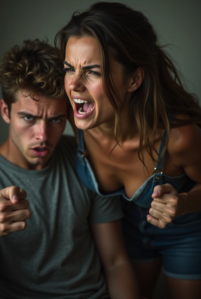 30 year old woman, beautiful and angry giving orders to her husband. The woman on the side and him too, he seems scared by the woman's order. They are two young people