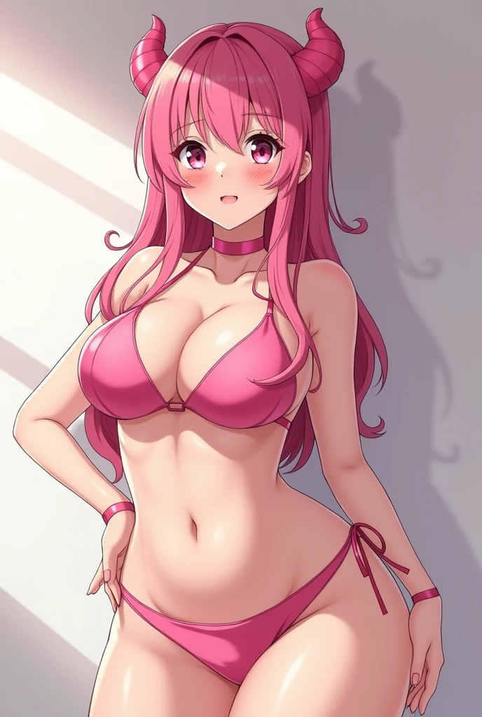 1 cute busty  anime girl ilulu wearing pink micro bikini big boobs cameltoe sexy body adult body full body cute smile blushing pink hair cute horns❤️