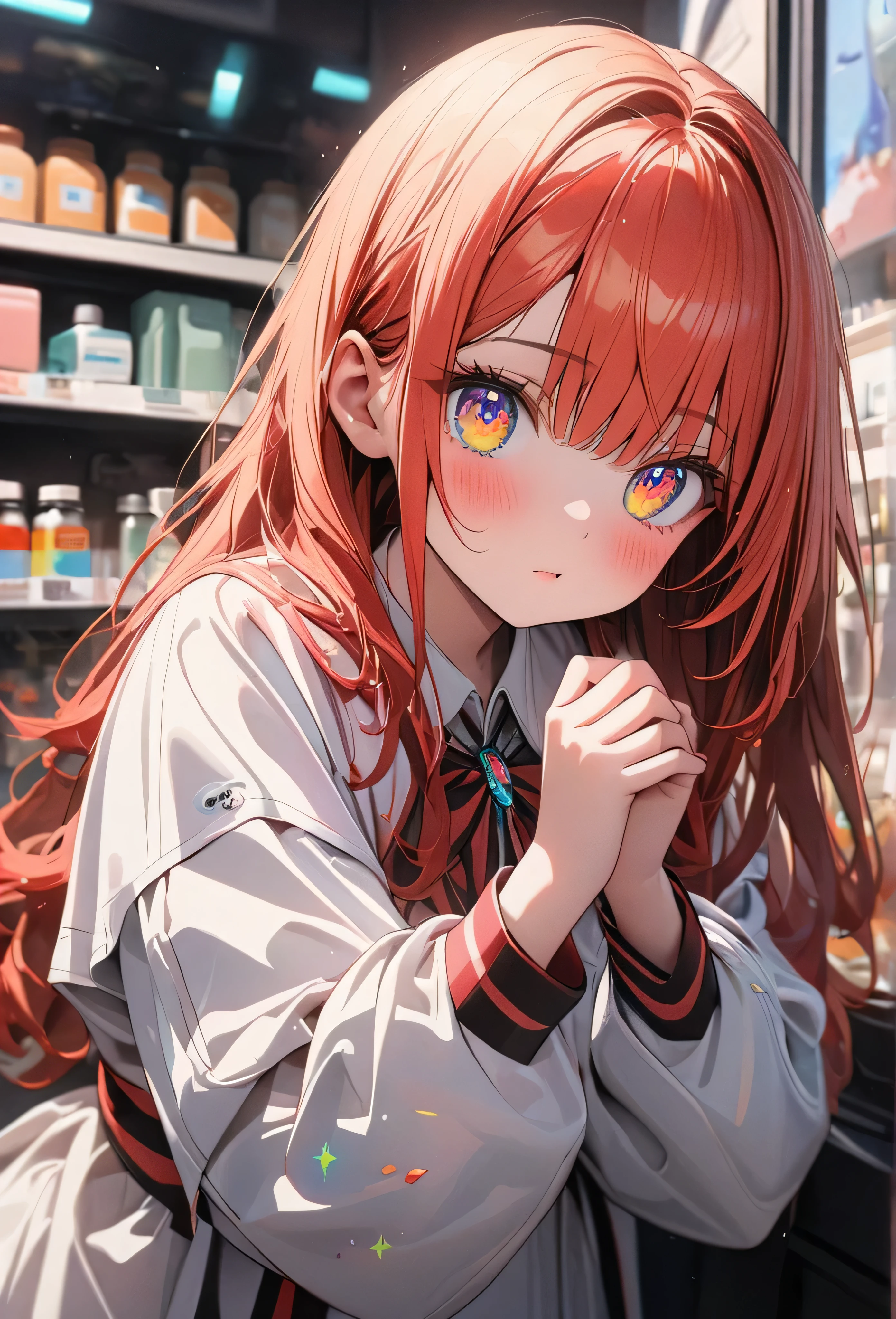 ((masterpiece)), ((Highest quality)), (Super Detail:1.2), (High resolution:1.3), ((Very detailed)), (8k), (Professional photography:1.2), (so beautiful:1.2), (Absurd:1.2), (Sharp focus), (Perfect light), (Cast a Shadow), (()), cute young Girl, Shiny straight hair, (Loose bangs), Red blonde hair, ((Red striped hair)), Highlighted Hair, ((Close)), (Sparkling Eyes), Long Hair, Big eyes, colorful eyes, (Beautiful jewel-like eyes), blush, ((Droplet)), cute cheeks, Glossy Lips, break, ((Highest quality)), Ribbon Belt, (Oversized loose-fitting white coat, pharmacist), ((Shrug pose)), (colorful), cute makeup, ((With the interior of a pharmacy in the background)), cute, (Beautiful psychedelic paintings),