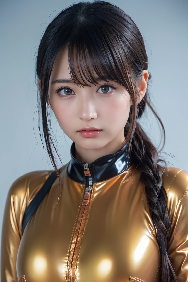(1girl in), up do hairstyle, Extremely cute face, Amazing face and Eyes, (Highly detailed Eyes, Highly detailed face), fresh, Very clean appearance, (Hyper-realistic, hight resolution), (Best Quality:1.4), (hyper quality), Authentic skin texture, Raw photo, (Realistic, Photorealsitic:1.37), Highly detailed, Professional Photography, ((masutepiece, Best Quality, Ultra-detailed, Very detailed 16KCG wallpaper)) 128K female models, Huge breasts, Eyes, ((Random ahoge long style)), hight resolutionであり, Upper body, Studio Lightning, satin ((8K,nffsw,(Photorealsiticです:1.2)Wearing a shiny copper orange latex suit ,Time Sawaguchi