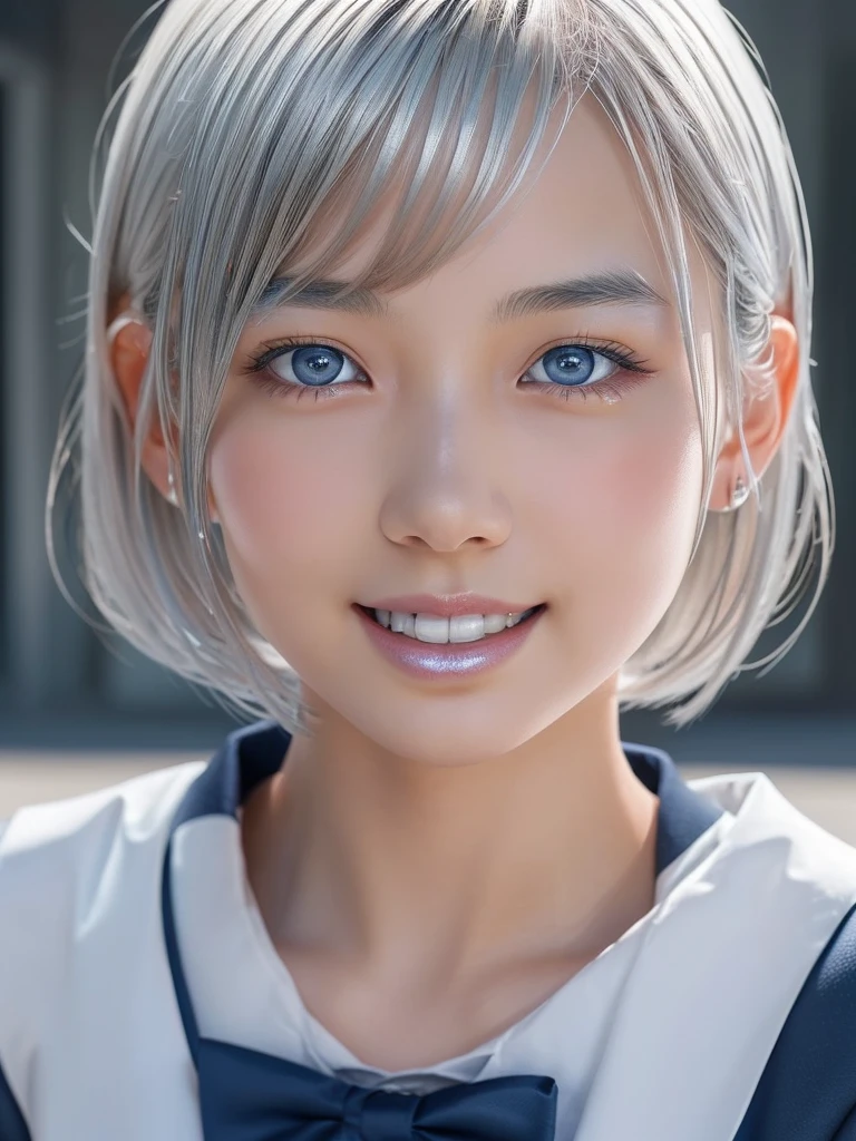 NSFW,(a ultra cute beautiful girl wearing highschool uniform:1.5),(charming smile:1.25),mixed race of Japanese and Nordic,large clear light blue eyes,droppy eyes,balanced eyes,transparent white skin,(silver short hair:1.5),photorealistic, 8k, ultra-detailed, masterpiece, realistic, vivid colors, beautiful detailed eyes, beautiful detailed lips, extremely detailed face, intricate details, hyper realistic, cinematic lighting, dramatic shadows, stunning composition, intense atmosphere, highly detailed skin, exquisite facial features, volumetric lighting, raytraced global illumination, physically-based rendering, professional digital art,high resolution fix