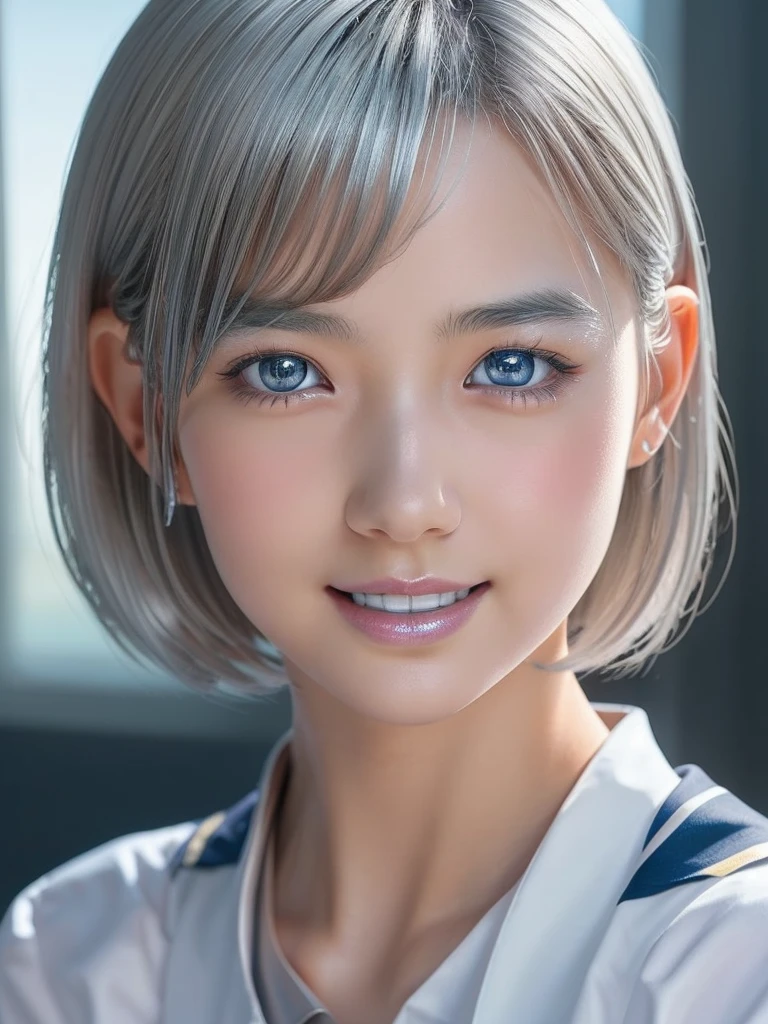 NSFW,(a ultra cute beautiful girl wearing highschool uniform:1.5),(charming smile:1.25),mixed race of Japanese and Nordic,large clear light blue eyes,droppy eyes,balanced eyes,transparent white skin,(silver short hair:1.5),photorealistic, 8k, ultra-detailed, masterpiece, realistic, vivid colors, beautiful detailed eyes, beautiful detailed lips, extremely detailed face, intricate details, hyper realistic, cinematic lighting, dramatic shadows, stunning composition, intense atmosphere, highly detailed skin, exquisite facial features, volumetric lighting, raytraced global illumination, physically-based rendering, professional digital art,high resolution fix