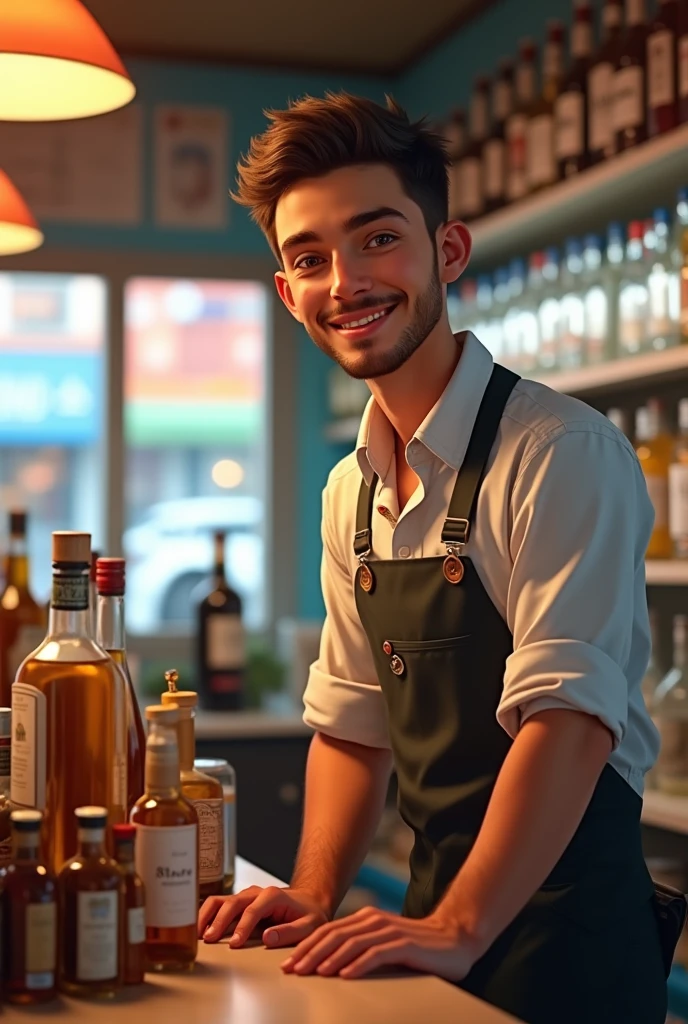 A young male cashier from Santa Cruz de la Sierra serving a liquor store, happy and realistic full body