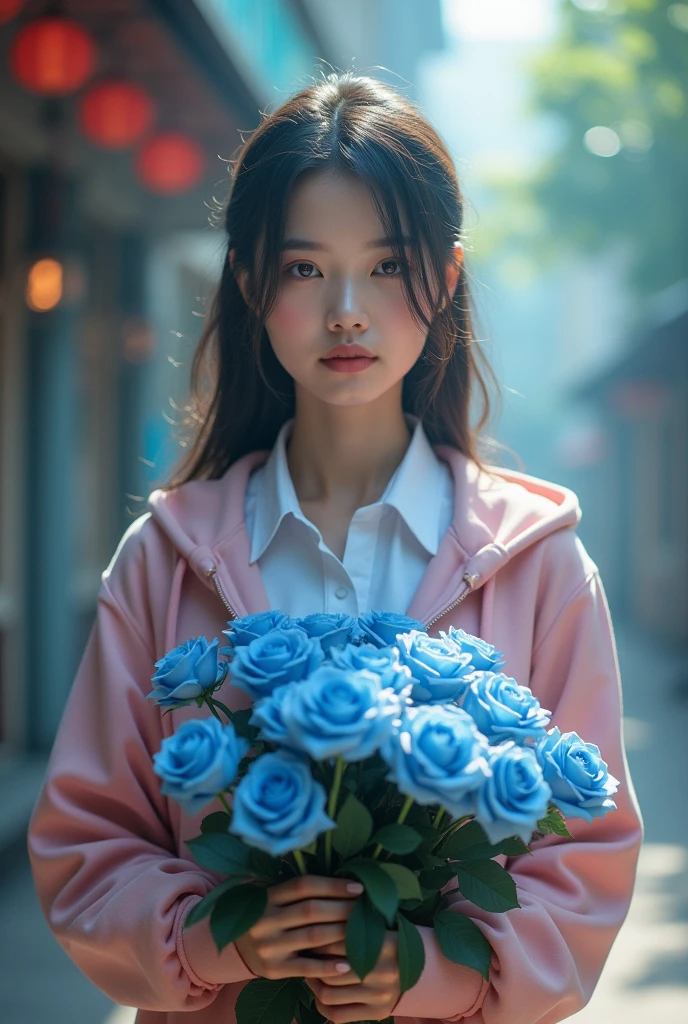 A woman holds a bouquet of blue roses at chest level, facing forward, wearing a Thai student uniform with the collar unbuttoned, and a pink hoodie with no zipper. Light enters from many directions, making her skin glow.