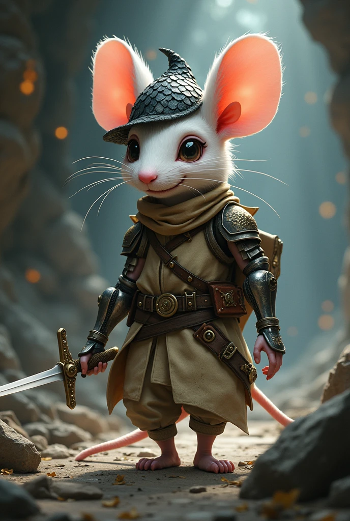 Cheerful white slim humanoid mouse, with light leather armor, black dragon scale hunter hat, bardo, set in dungeon and dragon's, with a legendary rapier and who lost his left arm being replaced by a mechanical robotic arm