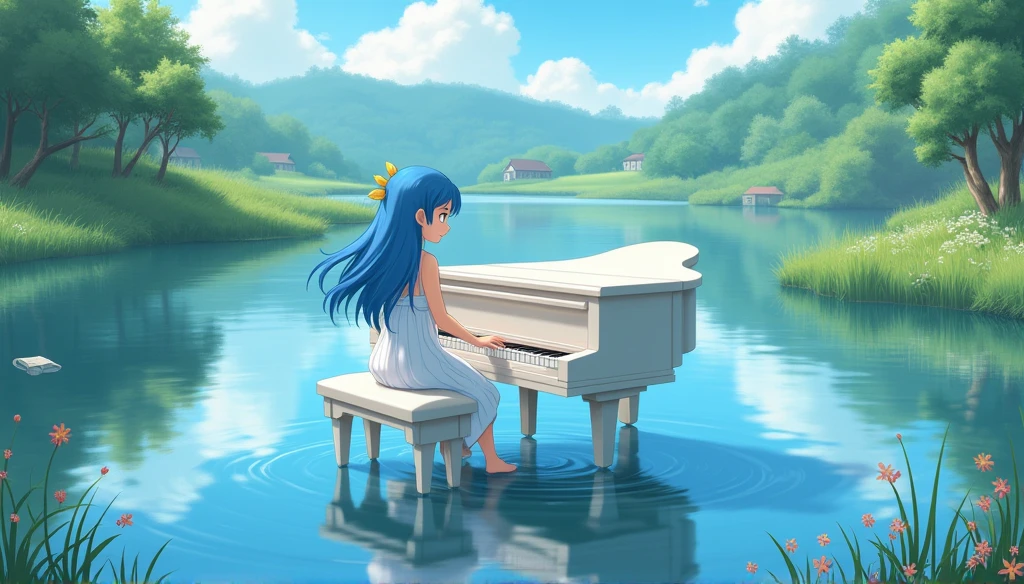 Blue-haired girl playing piano,White Dress,A floating white piano on a lake,Ghibli-style anime scene