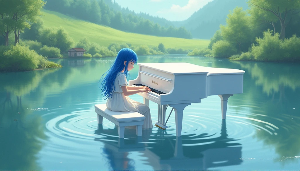 Blue-haired girl playing piano,White Dress,A floating white piano on a lake,Ghibli-style anime scene