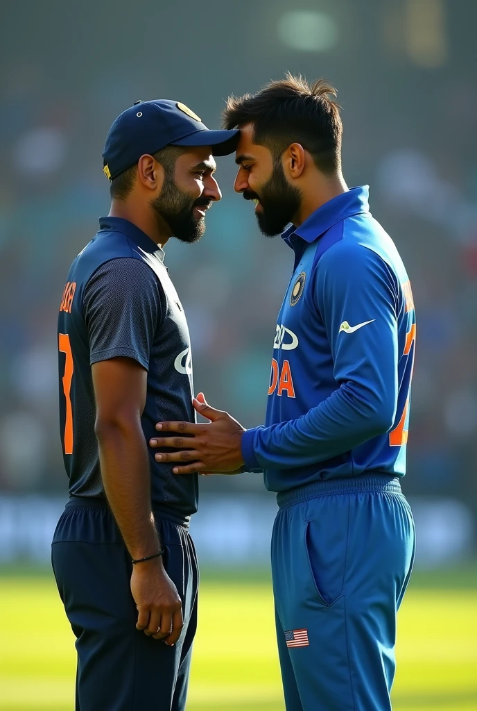 Create such an image in which Dhoni wearing number 7 is seen apologize ng in front of Virat Kohli wearing number 18 The photo should be shown exactly as original