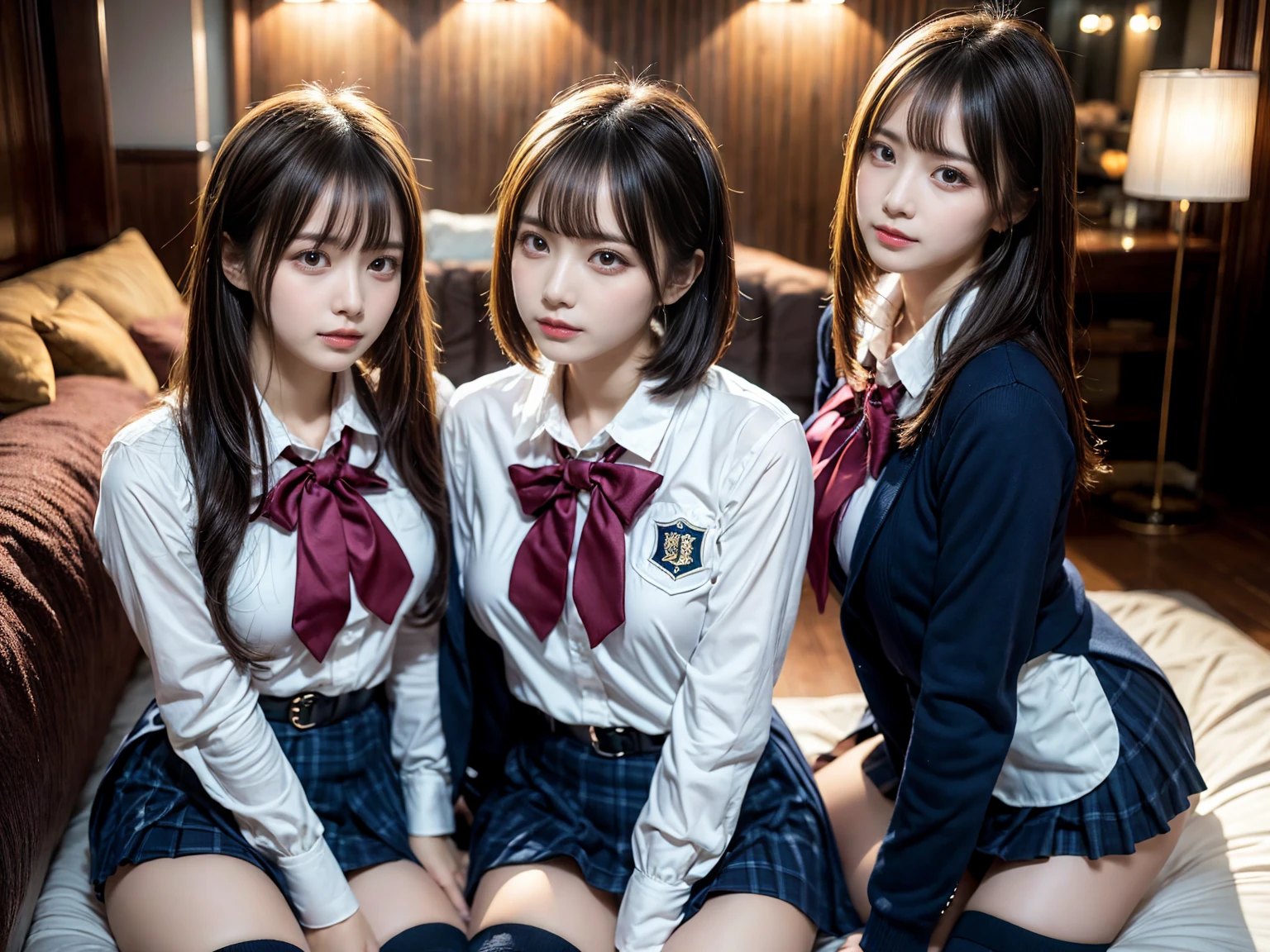 (8K, Raw photography, top-quality, masterpiece:1.2), master piece, best quality, illustration, Super detailed, fine details, High resolution, 8K,wall paper, perfect dynamic composition,(Details High quality, realistic depiction of eyes:1.3), ((2 girls, 2 schoolgirls)), The background is a luxury hotel room、High school girl uniform、blazer 、Super Short Check Uniform Skirt、Navy blue high socks、garterbelts、Colossal tits、Disturbed uniform, Play with each other,Touching each other's bodies,Touching the body of the girl next door, short bob hair, black hair color, huge breasts, Big Natural Color Lip, bold sexy pose, (perfect body shape), crying a little、cold gaze, Beautiful makeup,glitter makeup,Cutest 1, beautiful legs, hposing Gravure Idol, Voluptuous thighs