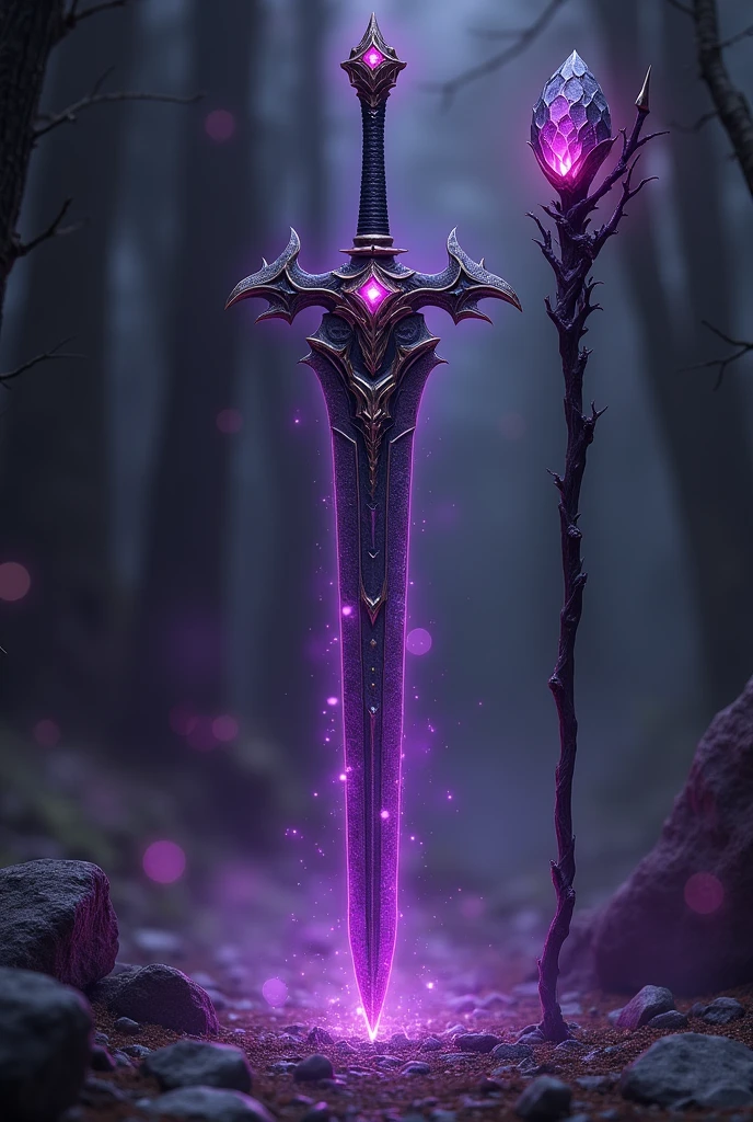 The purple-black sword and magic staff have a purple gem at the end of the staff, resembling a dragon king with a tail.