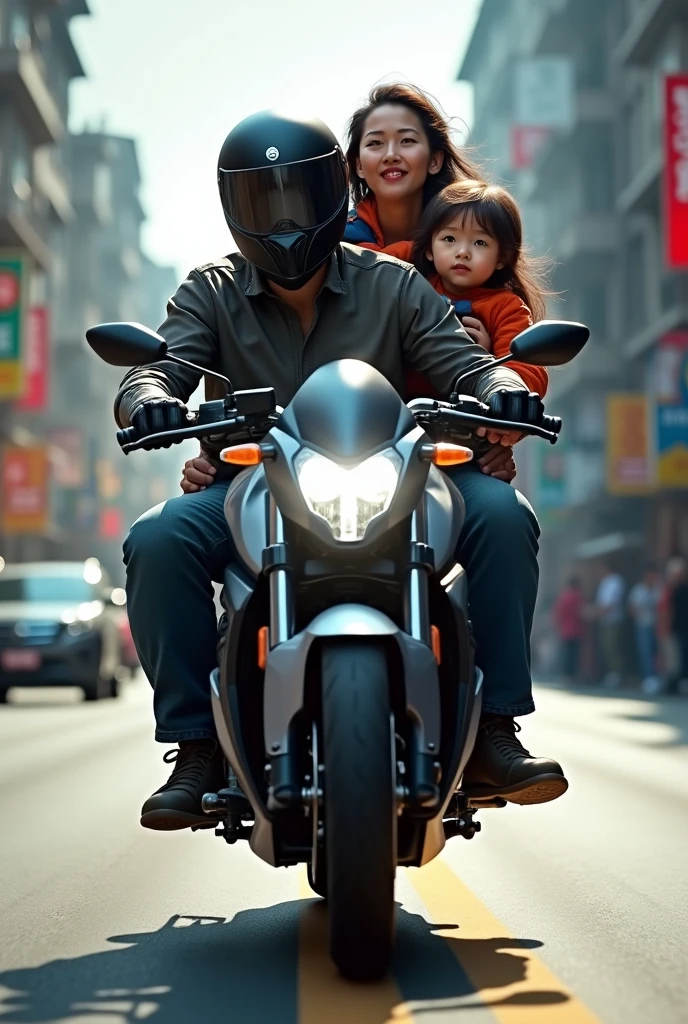 CREATE AN IMAGE OF A TK SX2 MOTORCYCLE WITH 3 PEOPLE ON THE MOTORCYCLE, A MAN, A WOMAN AND A BABY AND WITH HIS BLACK HELMET. THE MOTORCYCLE IS A TUKO TK SX2