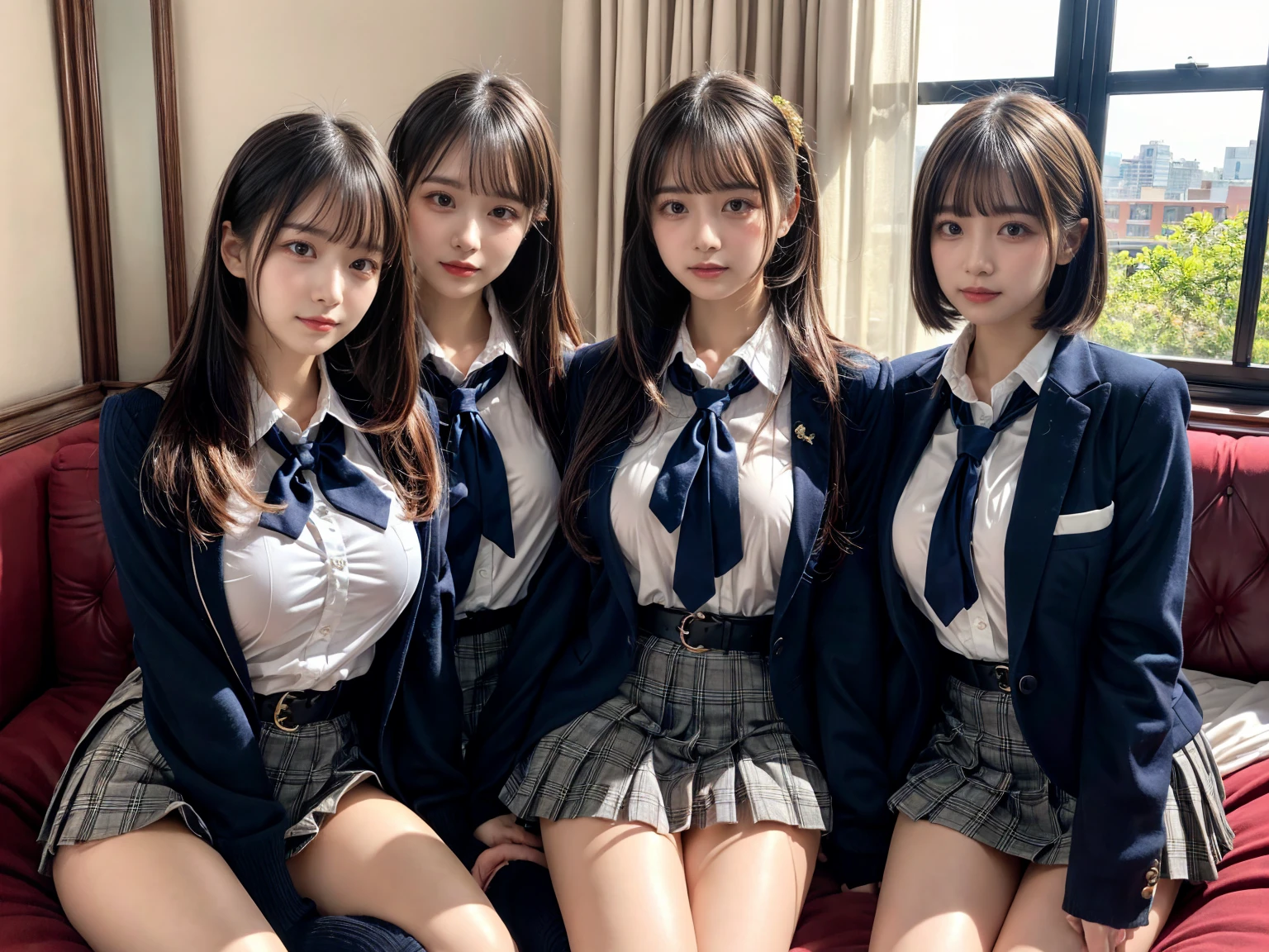 (8K, Raw photography, top-quality, ​masterpiece:1.2), master piece, best quality, illustration, Super detailed, fine details, High resolution, 8K,wall paper, perfect dynamic composition,(Details High quality, realistic depiction of eyes:1.3), ((2 girls, 2 schoolgirls)), The background is a luxury hotel room、High school girl uniform、blazer 、Super Short Check Uniform Skirt、Navy blue high socks、garterbelts、Colossal tits、Disturbed uniform, Play with each other,Touching each other's bodies,Touching the body of the girl next door, short bob hair, black hair color, huge breasts, Big Natural Color Lip, bold sexy pose, (perfect body shape), crying a little、cold gaze,  Beautiful makeup,glitter makeup,Cutest 1, beautiful legs, hposing Gravure Idol, Voluptuous thighs