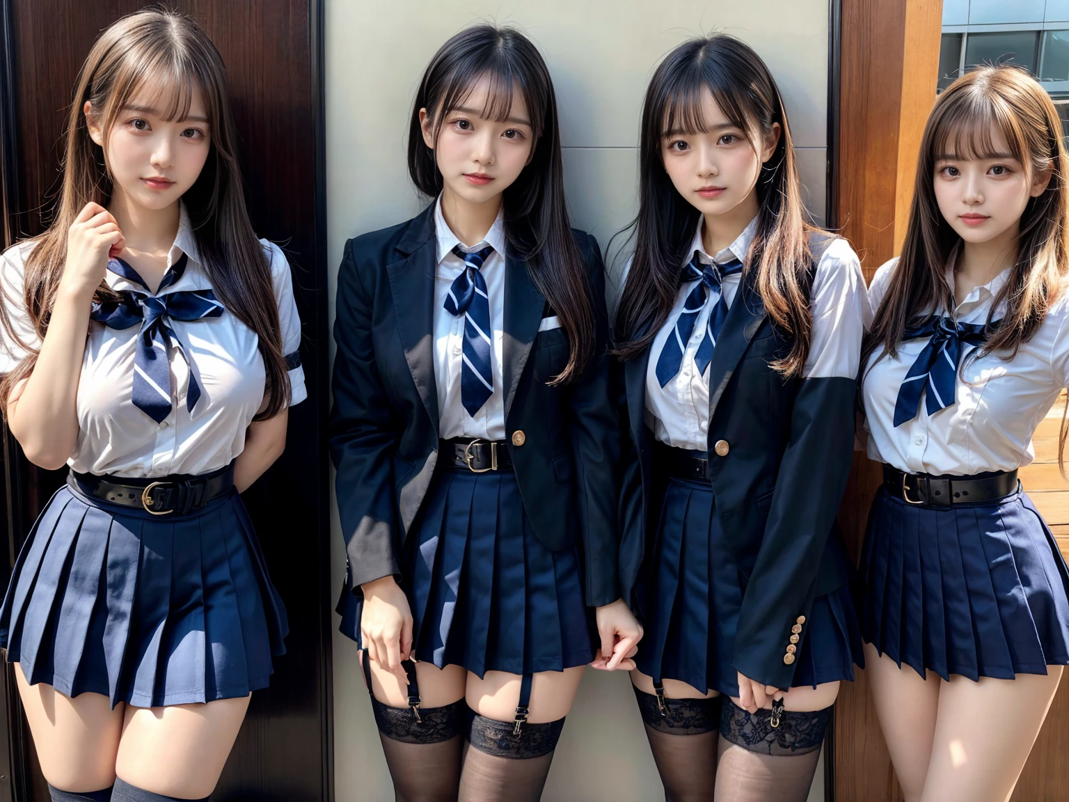 (8K, Raw photography, top-quality, masterpiece:1.2), master piece, best quality, illustration, Super detailed, fine details, High resolution, 8K,wall paper, perfect dynamic composition,(Details High quality, realistic depiction of eyes:1.3), ((2 girls, 2 girls)), The background is a luxury hotel room、High school girl uniform、blazer 、Super Short Check Uniform Skirt、Navy blue high socks、garterbelts、Colossal tits、Disturbed uniform, Play with each other,Touching each other's bodies,Touching the body of the girl next door, short bob hair, black hair color, huge breasts, Big Natural Color Lip, bold sexy pose, (perfect body shape), crying a little、cold gaze, Beautiful makeup,glitter makeup,Cutest 1, beautiful legs, hposing Gravure Idol, Voluptuous thighs