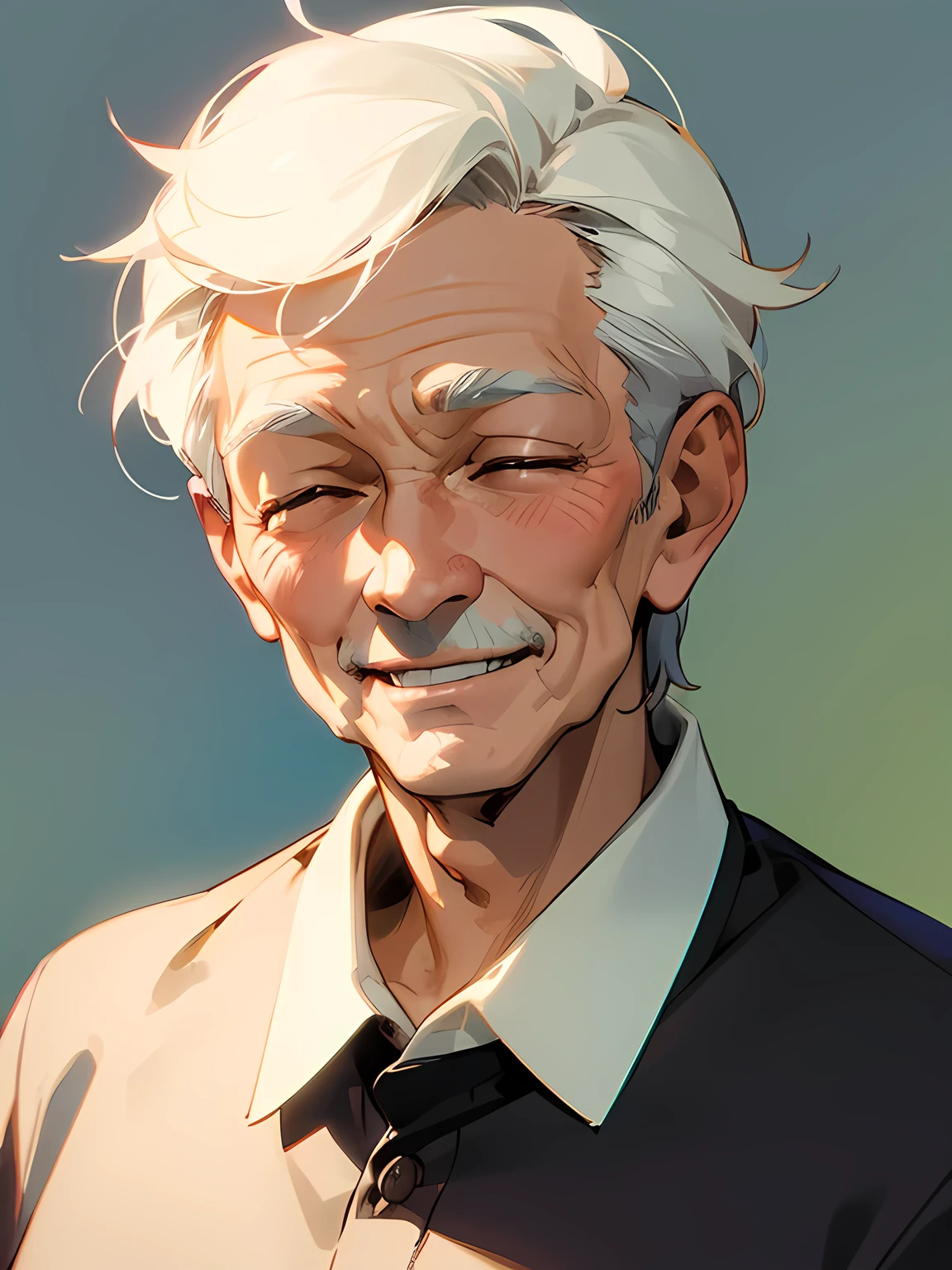 solo,portrait,upperbody,80years old,old man,closed eyes kind smile,polo shirt,