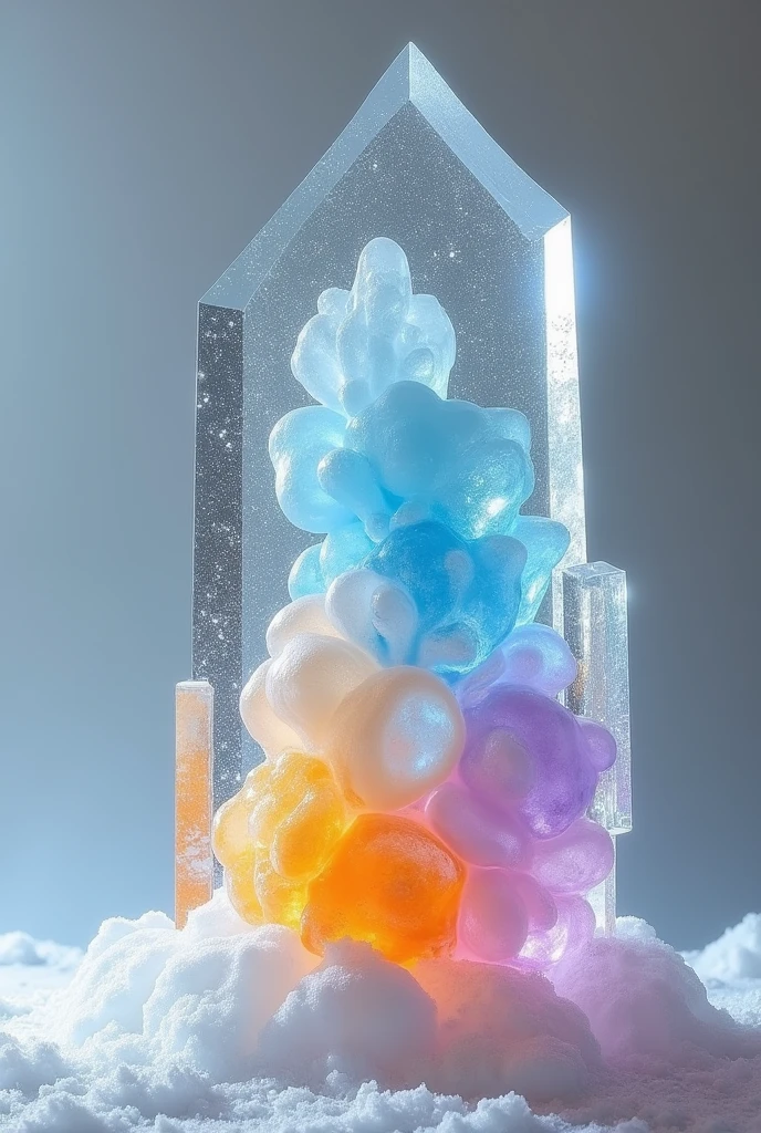 I want a painting like this made of ice, the top half glass-colored like crystals, in the middle like light blue cut glass and below some lilac Arreola-colored cells with orange and yellow