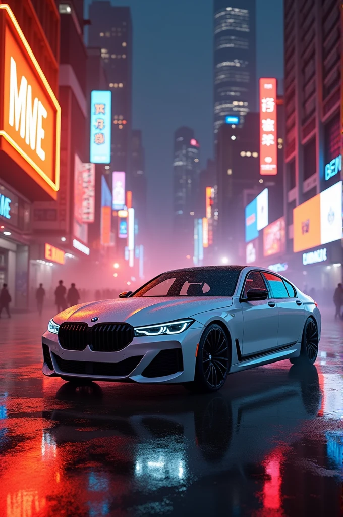 Bmw i7 M70 IN WHITE COLOUR IN NIGHT AT NEON CITY WITH ORANGE AND RED LIGHTS WITH WET AND FOG