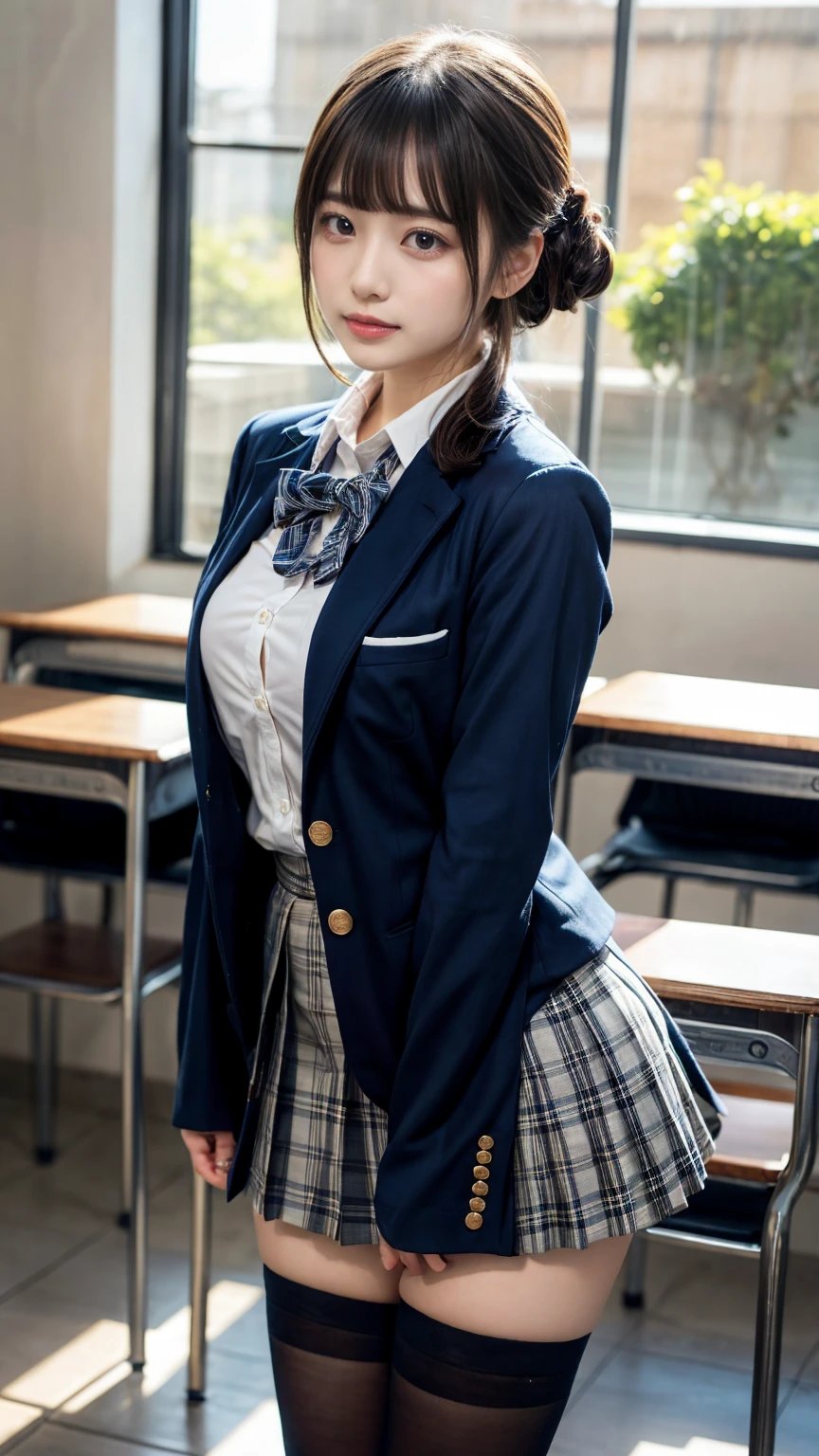 masterpiece, best quality, illustration, Super detailed, fine details, High resolution, 8K,wall paper, perfect dynamic composition,(Details High quality, realistic depiction of eyes:1.3), from side, High School Classroom、High school girl uniform、blazer 、Super Short Check Uniform Skirt、Navy blue high socks、garterbelts、plump breasts, Disturbed uniform,  (updo:1.2), black hair color, large breasts, Big Natural Color Lip, bold sexy pose, (perfect body shape), crying a little、20 year old girl、cute type, beautiful legs, hposing Gravure Idol, Voluptuous thighs