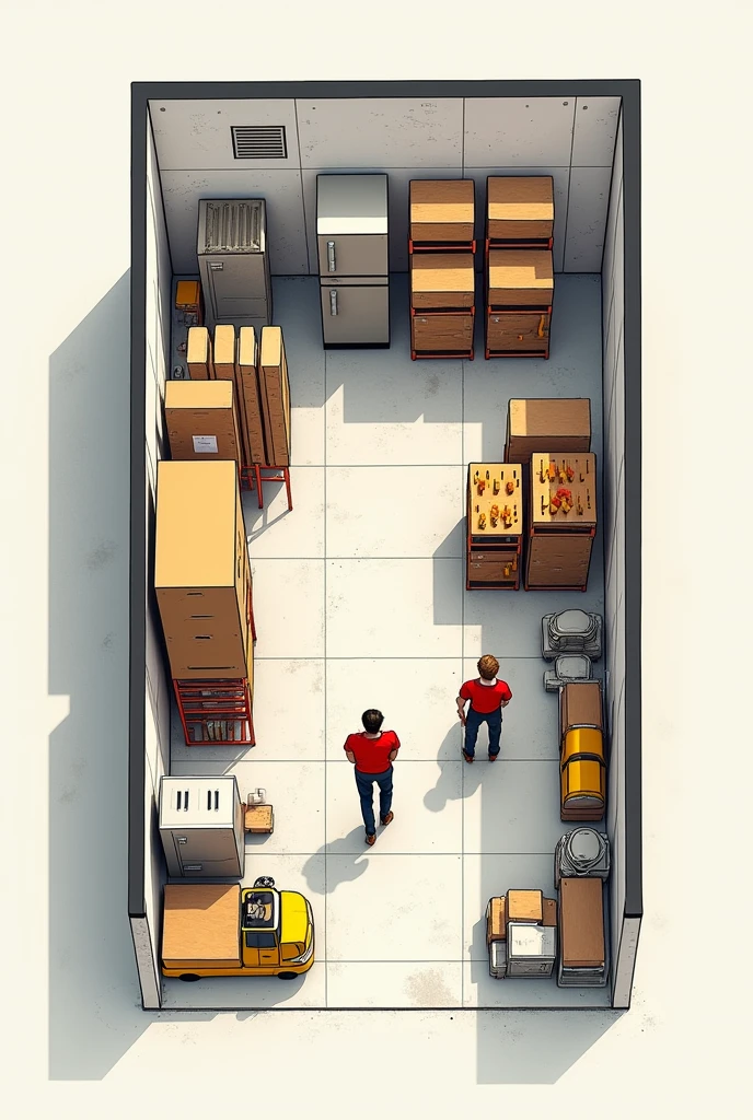 A plan of a small restaurant food warehouse