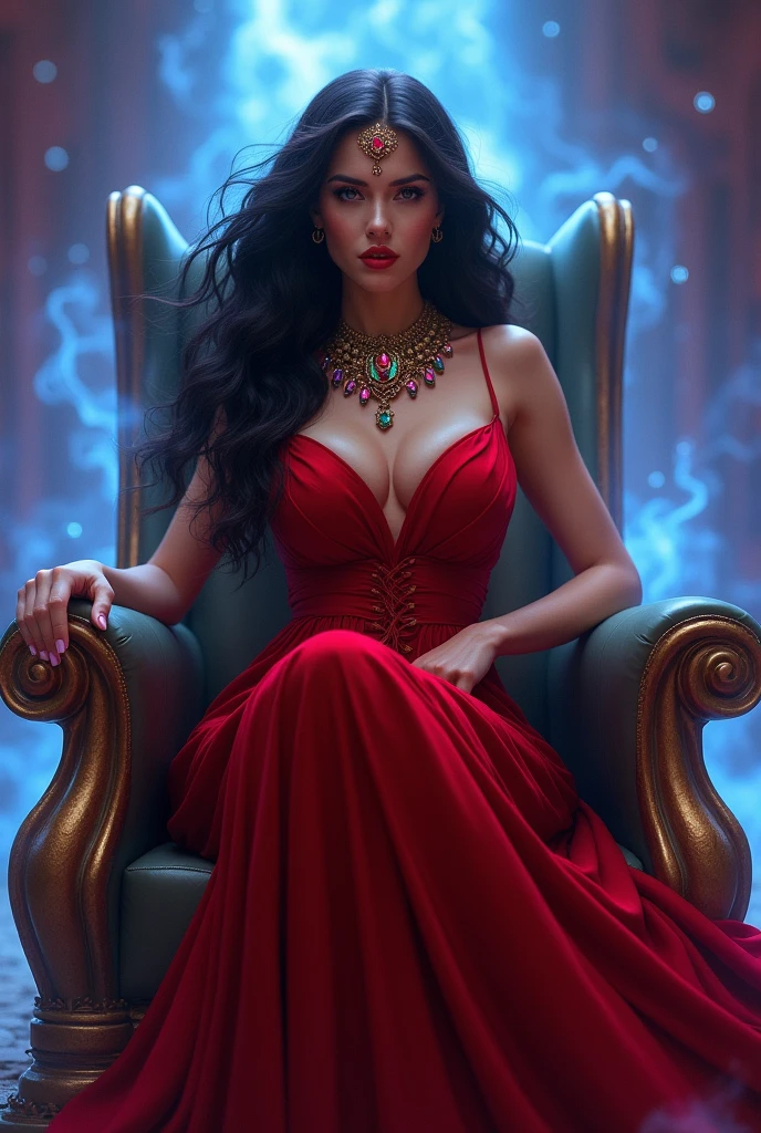 Beautiful attractive mature woman of 55 years,Eyes illuminated in blue light,intense red lips,Long black hair with a sleek, fine hairstyle, with a beautiful and seductive voluptuous body,shapely and long legs,exaggeratedly voluptuous breasts,massive large and enormous. Intense and seductive look looking at the camera,sitting on a huge throne facing forward with a sexy and very seductive pose With a sexy and elegant white shiny silk dress shining in the star lights,with a large and pronounced neckline,A long skirt with a double opening that shows off her legs.
Wearing red emerald earrings and a fine, elegant gold necklace.
In the background you can see a bright aura of energy around it.