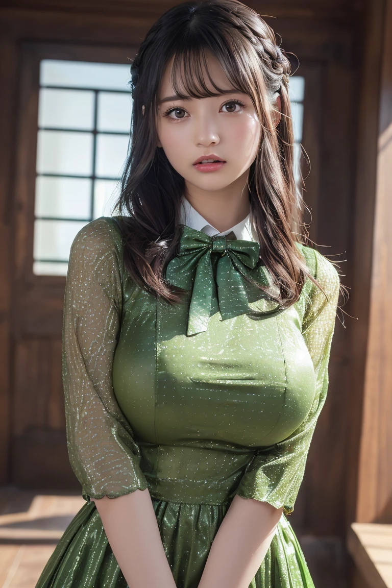 128k Female Models , Huge breasts, Eyes, ((Random Hair Styles)), High resolution , Upper body, No background, Studio Lightning , ((Royal Gold Shiny Random Dress,Hierarchical layers,underboob)Hairmaid Headdresse Bow Tie Multicolor Pleats (Woman in this exquisite bright green outfit、, Patterned Dresses) In bright tones