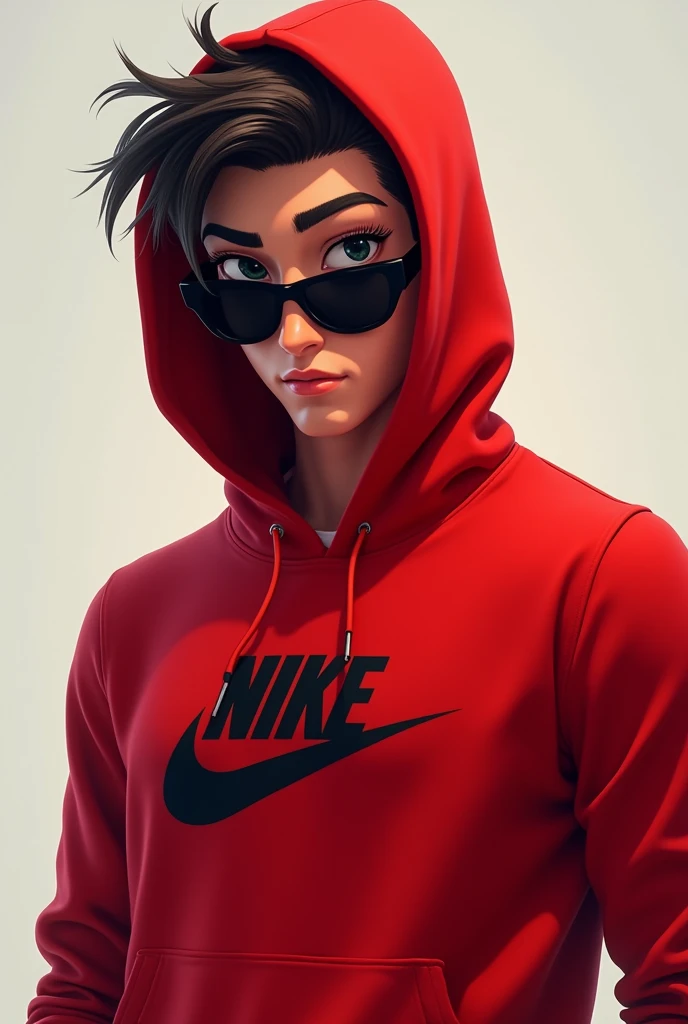 Jimmy Neutron in a red Nike hooded sweatshirt and black sunglasses with a sexy look