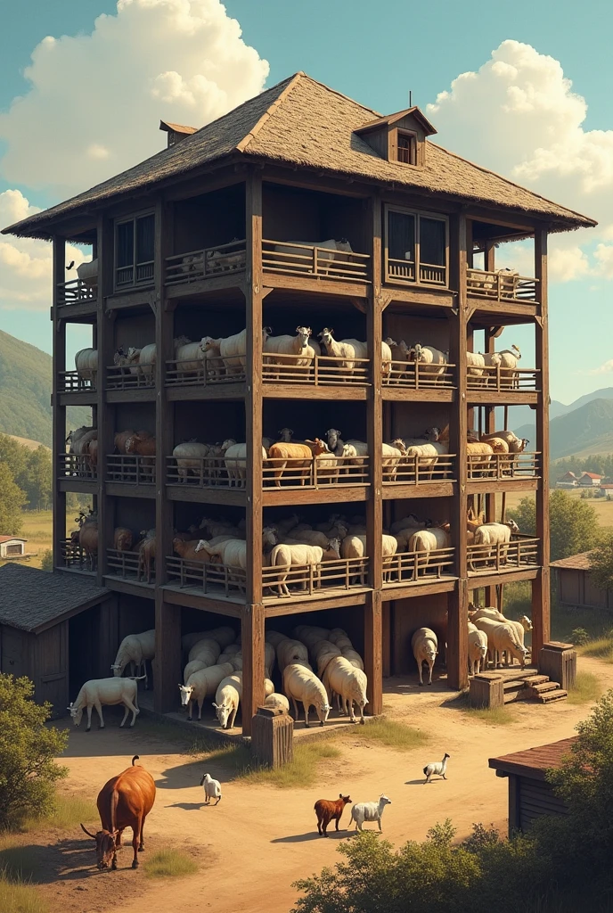 Three storey big shed
Only Cow buffalo in first floor ,
Only Goats on the second floor ,
Only Chicken on the third floor
Every animal have separate portion