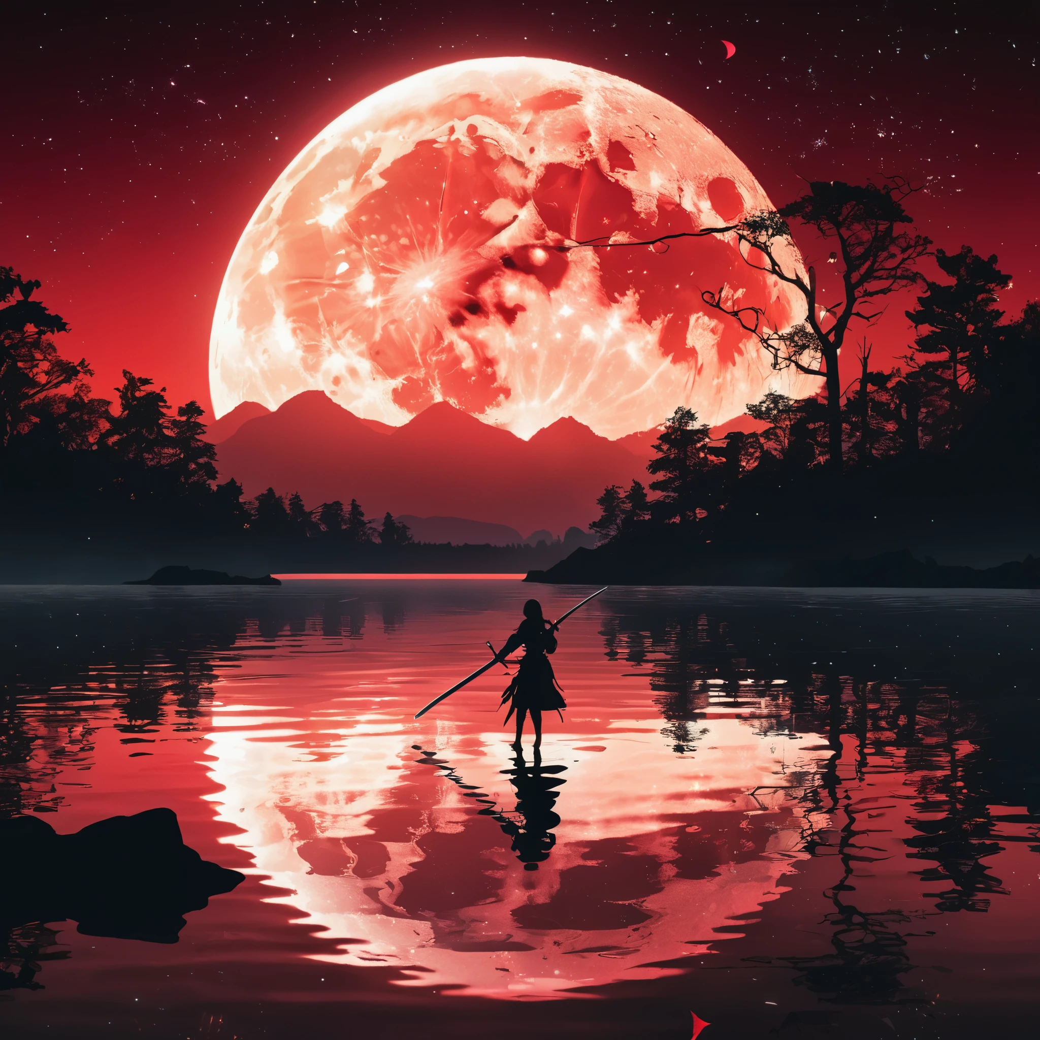 1girl,animal_ears,holding,holding_sword,holding_weapon,katana,lake,(half the glow edge of the moon:1.2),night,outdoors,red theme,reflection,reflective_water,silhouette skirt,solo,sword,tree,weapon,(all dark red light:1.2),there are waves of water,(diffraction spikes:1.2),extreme shadow,the extreme darkness,the supergiant moon forms a circular composition with the water surface