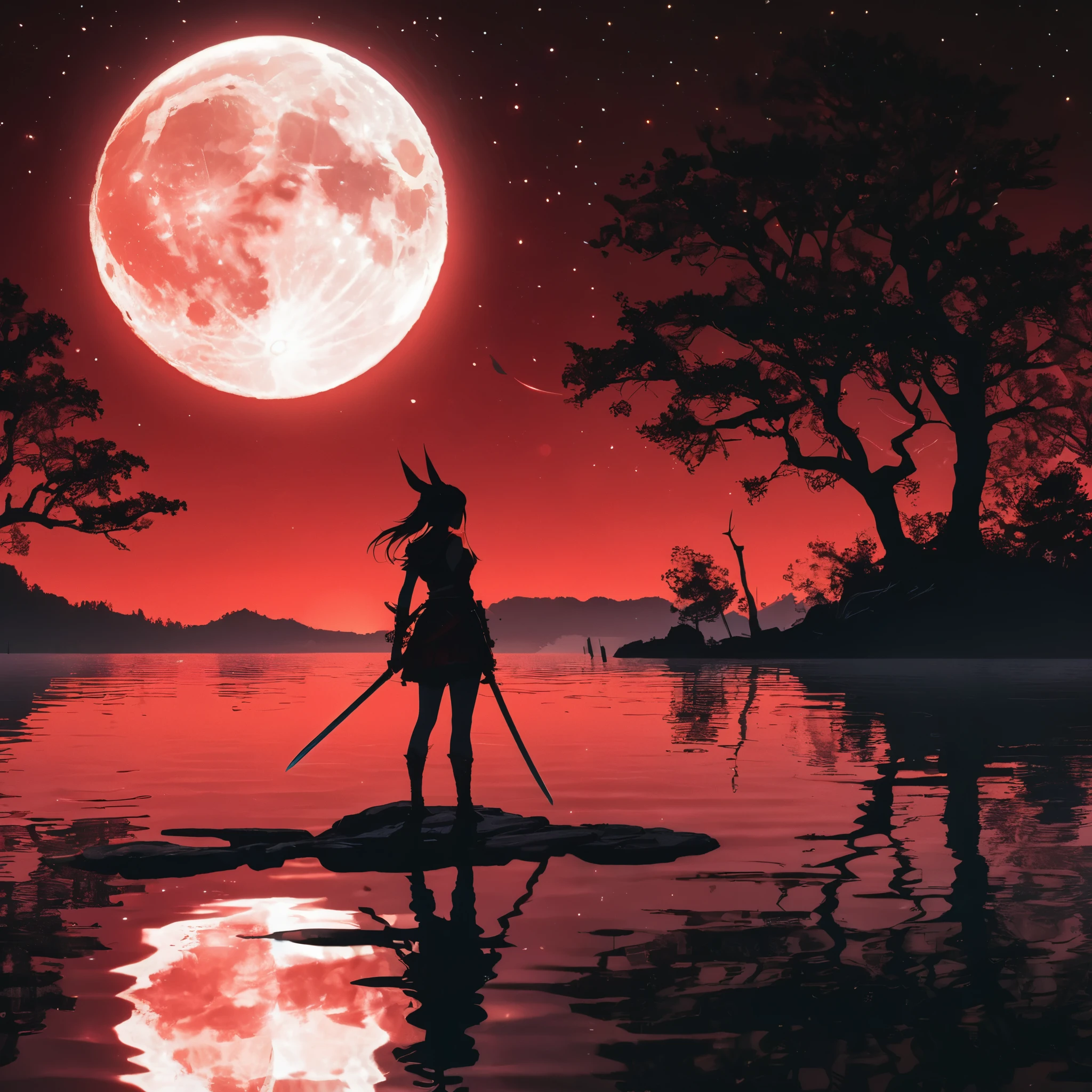 1girl,animal_ears,holding,holding_sword,holding_weapon,katana,lake,(half the glow edge of the moon:1.2),night,outdoors,red theme,reflection,reflective_water,silhouette skirt,solo,sword,tree,weapon,(all dark red light:1.2),there are waves of water,(diffraction spikes:1.2),extreme shadow,the extreme darkness,the supergiant moon forms a circular composition with the water surface
