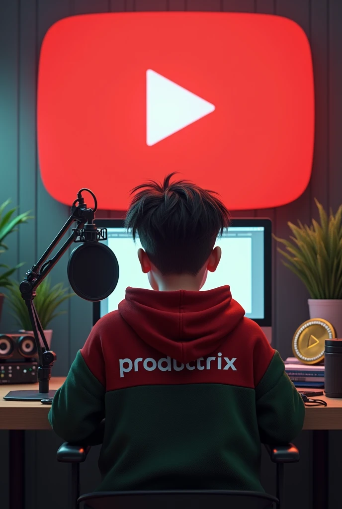 Create a image of "A 1 boy sitting in front of computer desk with a microphone and laptop. Wearing red and green hoodie with the channel name on it " PRODUCTRIX" The Background includes a large YouTube logo and YouTube golden play button on the wall , potted plants on either side, and various recording equipment.