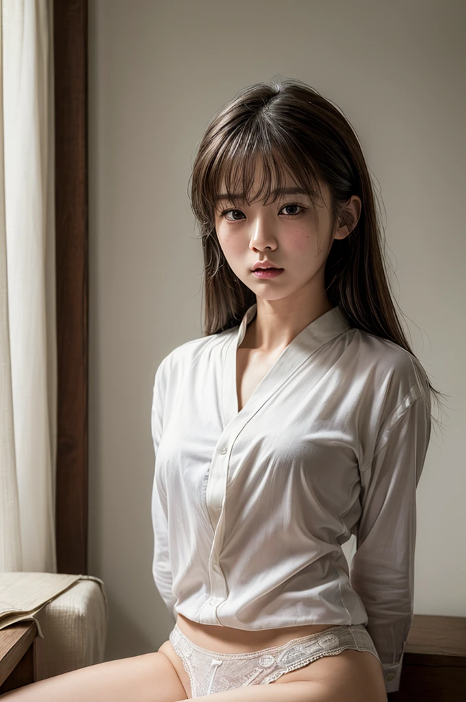 ((highest quality, masterpiece :1.3)), Photorealistic、Ultra-high resolution、Natural skin texture、Hyperrealism、Photograph from the knee up、A beautiful 1 Japanese girl、White collared blouse and panties、Chest Bondage、Being sexually assaulted、Angry and embarrassed expressions