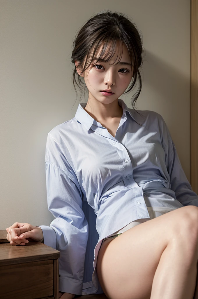 ((highest quality, masterpiece :1.3)), Photorealistic、Ultra-high resolution、Natural skin texture、Hyperrealism、Photograph from the knee up、A beautiful 1 Japanese girl、White collared blouse and panties、Chest Bondage、Being sexually assaulted、Angry and embarrassed expressions