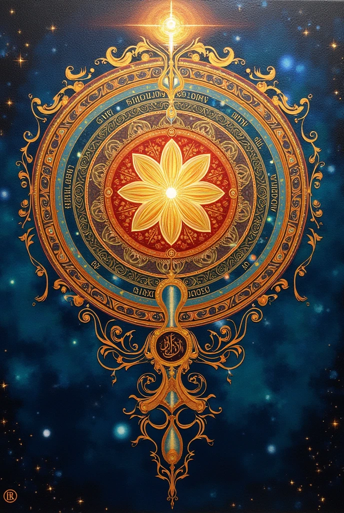 A painting that combines mandala art and Arabic calligraphy.