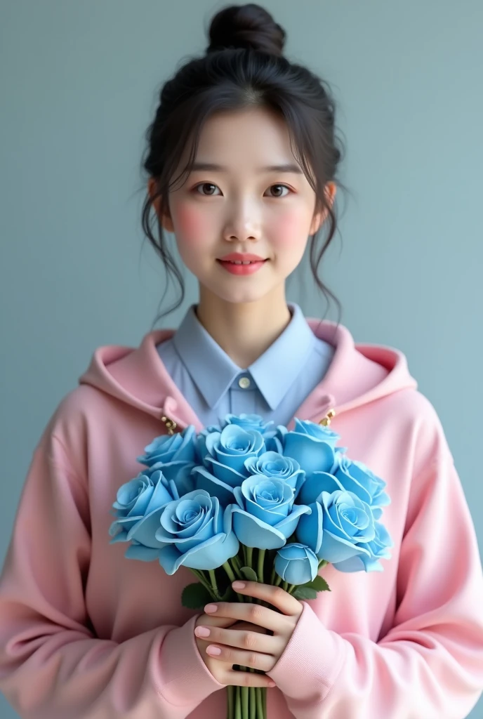 A woman holding a bouquet of blue roses at chest level, facing forward, wearing a Thai student uniform with no buttons at the collar, and a pink hoodie with no zipper.