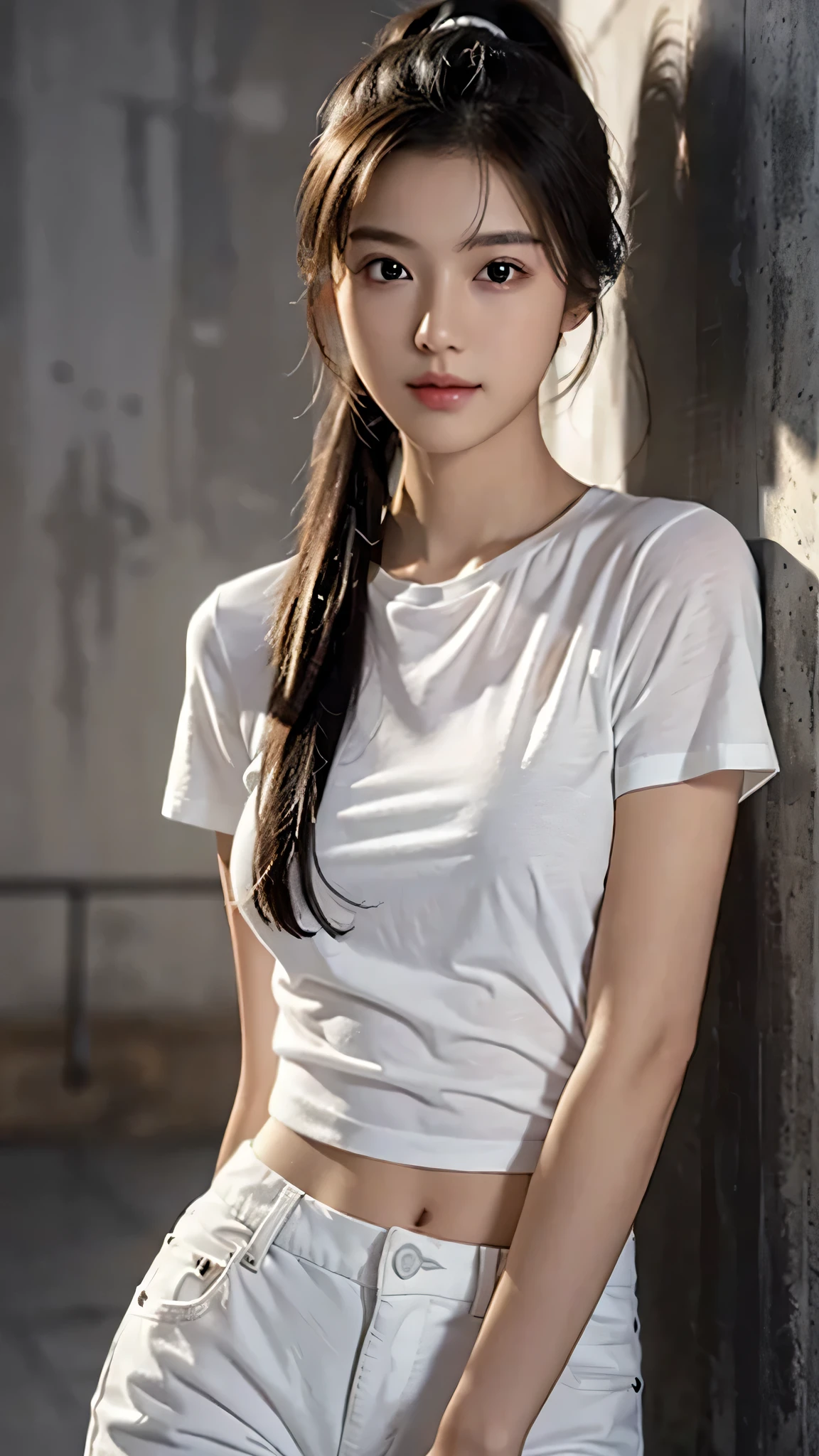 Full body shot,White T-shirt,Half pants,Stand straight ahead,Background is black wall wall,Body in front,masutepiece, The highest image quality, High quality, the background is clear,Beautiful woman, Japanese, Detailed, Ultra-detailed, finely detail, hight resolution, 8K Wallpaper, Perfect dynamic composition, Beautiful detailed eyes ,Detailed eyes, Detailed skin, Beautiful skin, 超hight resolution, (reality: 1.4),Very beautiful woman, Slightly younger face, Beautiful skin, slender, (Ultra photo realsisim), (hight resolution), (8K), (Very detailed) (beautifully detailed eyes), (super detailed), (Detailed face), view the viewer, Fine details, Detailed face, Staring straight ahead, Staring straight ahead, photos realistic, Bright lighting, Professional Lighting, Black hair,poneyTail,a baby face,sixteen years old,Hairstyle: ponytail,Long ponytail hairstyle,slight smile,