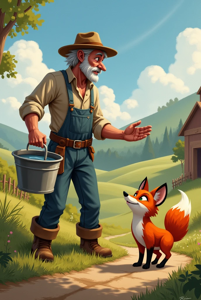 A farmer chasing a fox away with a bucket of water 