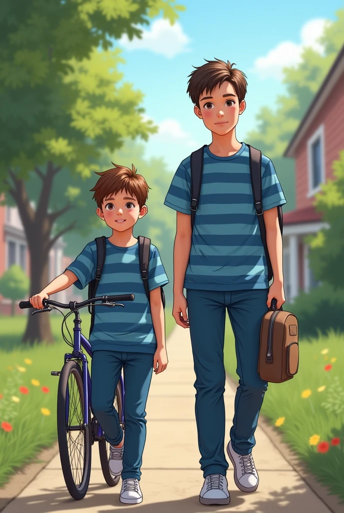 Two same age guys coming from school wearing blue striped shirt not t-shirt and dark blue pant one is short  holding a cycle 