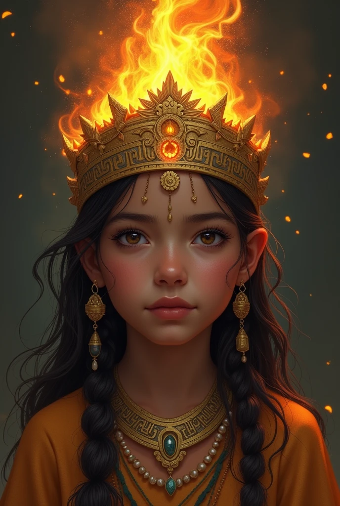 Inca crown of girl with fire behind